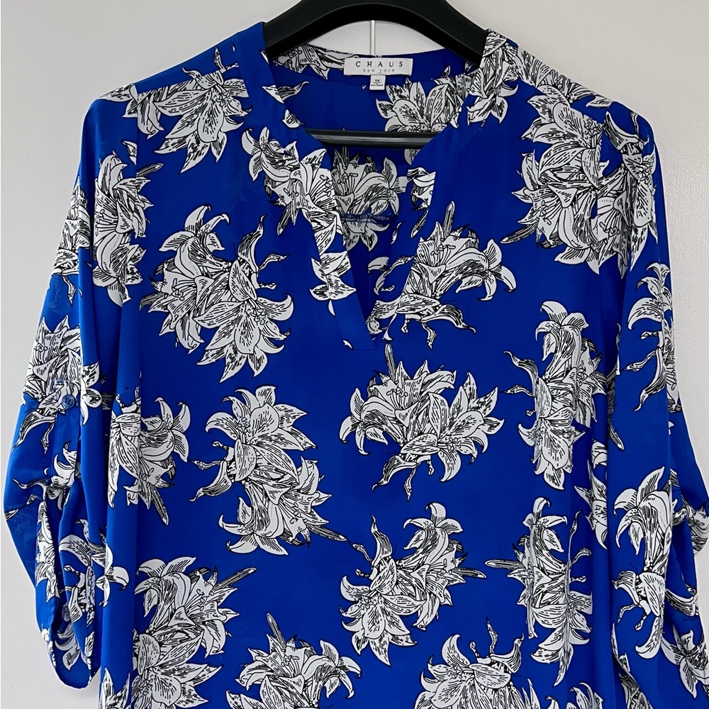 CHAUS Womens 1X Blouse, 3/4 sleeves, blue/white/gray